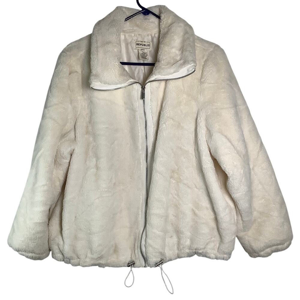 For The Republic Sz 1X Cream Faux Fur Plush Zip Up Jacket Apres Ski Coat HR9-18